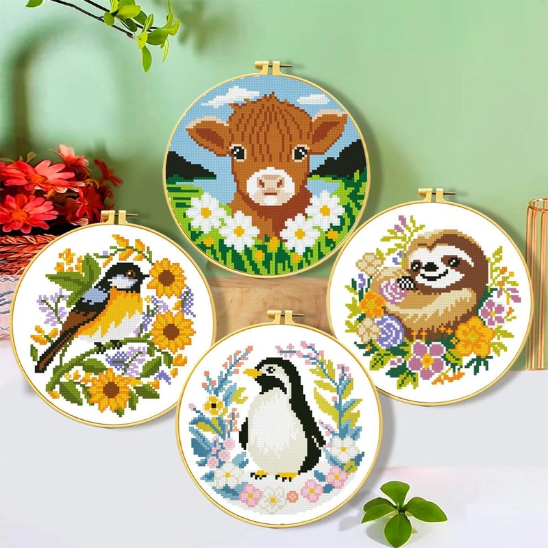 Zhenqing Zhenging Animal Cross Stitch Kit – 4 Pre-Printed Designs (Sloth, Bird, Penguin, Calf) with 11CT 9.45x9.45 Inch Fabric, Hoop, Scissors, Threader & Tools for Beginners & Adults - Image 1